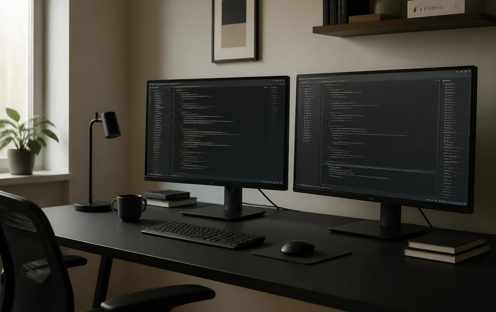 A quiet two-monitor engineering desk lit by daylight from a side window